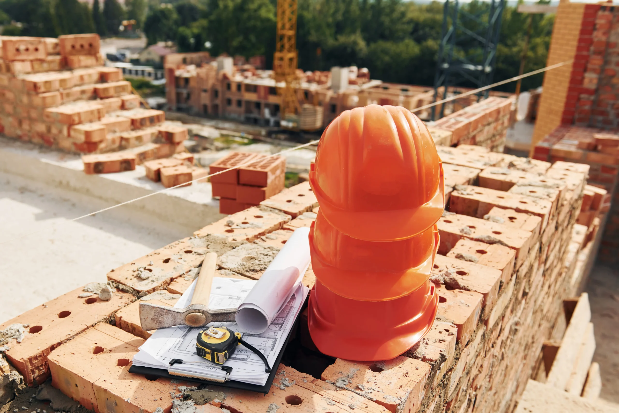 Cascos naranja apilados sobre una obra